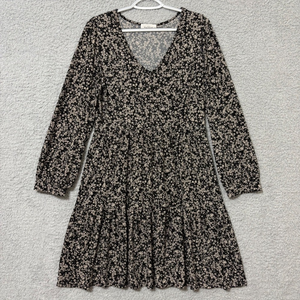 Tiered Long Sleeve Mini Ditsy Floral Dress V-Neck Elastic Waist Cottagecore L